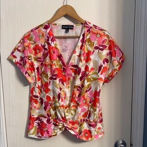 Red and Pink Wrap Blouse with Tie Front